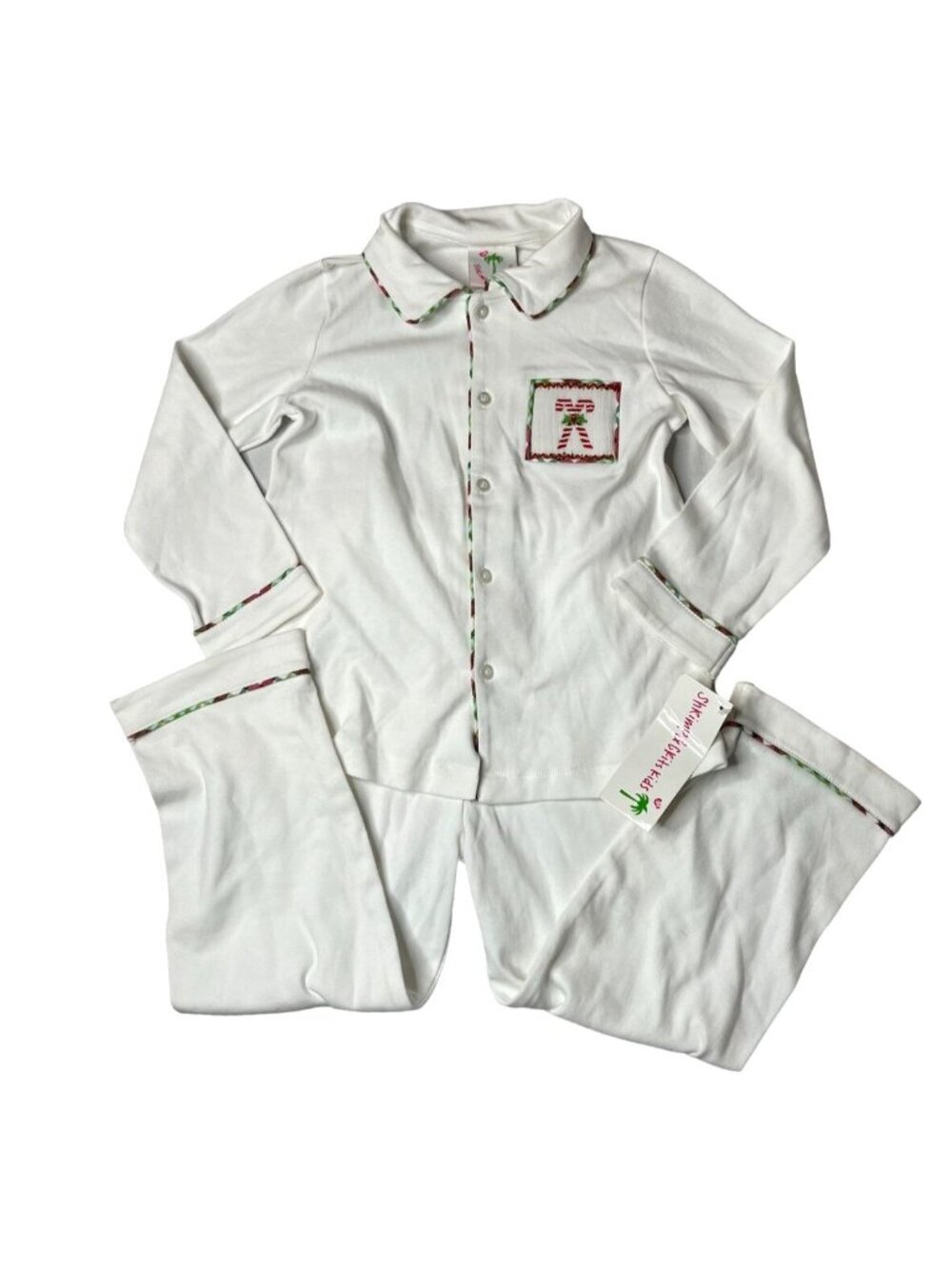 Serendipity Shrimp & Grits Kids Christmas Pajamas White Candy Cane 2 Pc Set Sz 5